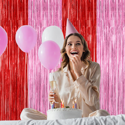 Regine Switzerland | 2 Pack Red Pink Backdrop Curtains - 3.28' x 7.05' Metallic Fringe for Parties