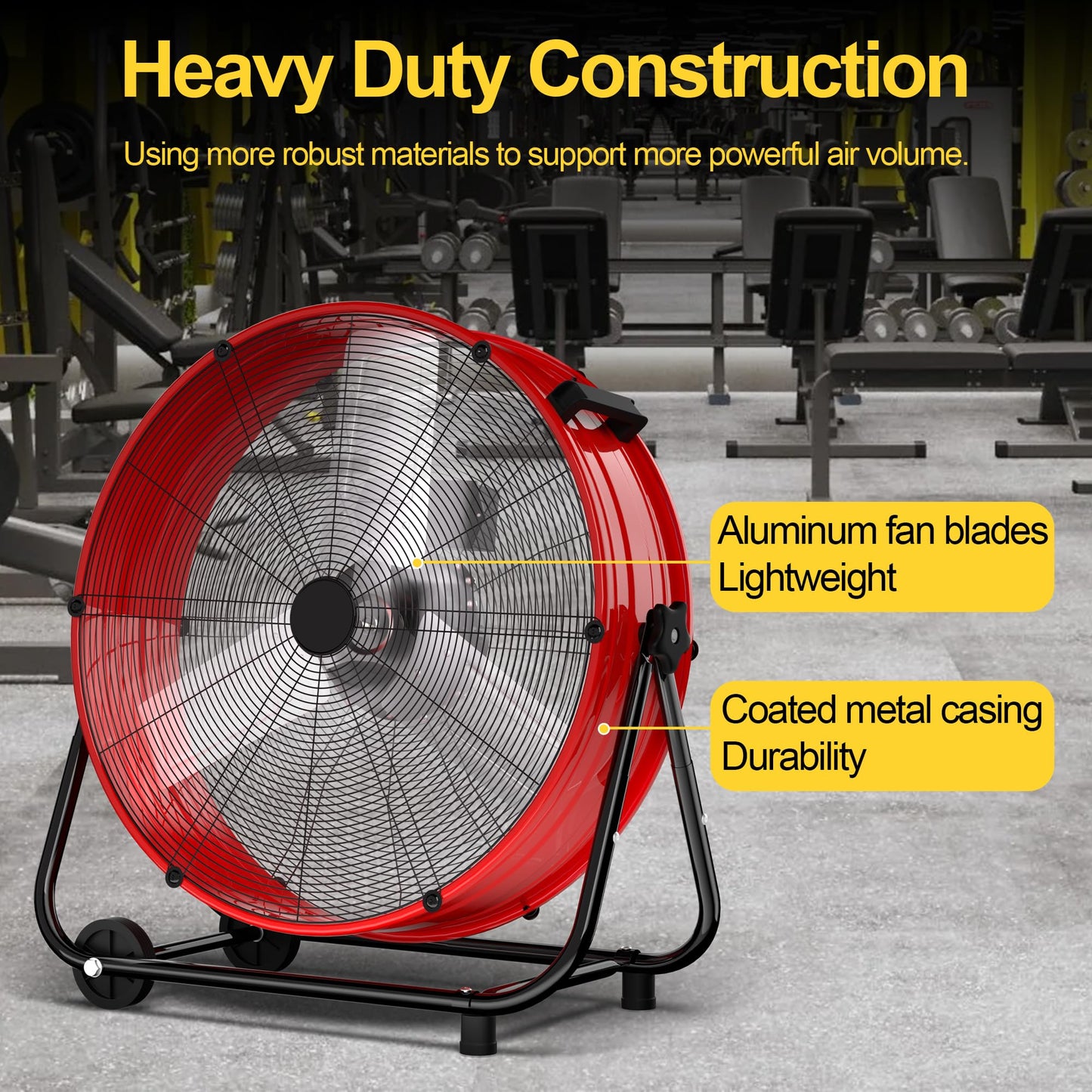 Uthfy 8800CFM Heavy Duty Industrial Drum Fan, 24 Inch High Velocity Floor Fan with 360° Tilt,2 Casters,Handle,3 Speeds 320W Garage Fan for Shop,Patio,Yard,Commercial,Workshop,Factory