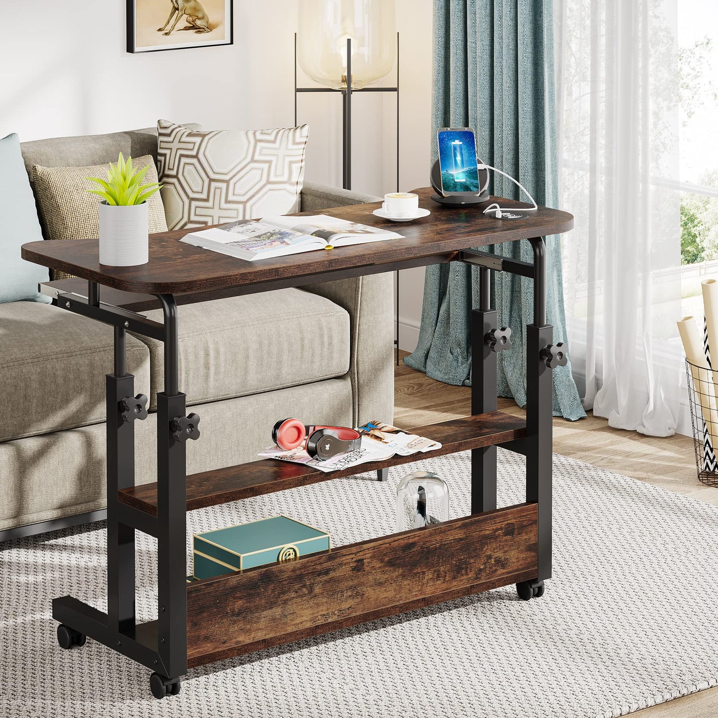 Tribesigns Portable Desk with Power Outlets, Height Adjustable Side Table Sofa Couch Bedside Laptop Computer Cart with USB Charging Ports, Mobile Small Standing Desk with Keyboard Tray