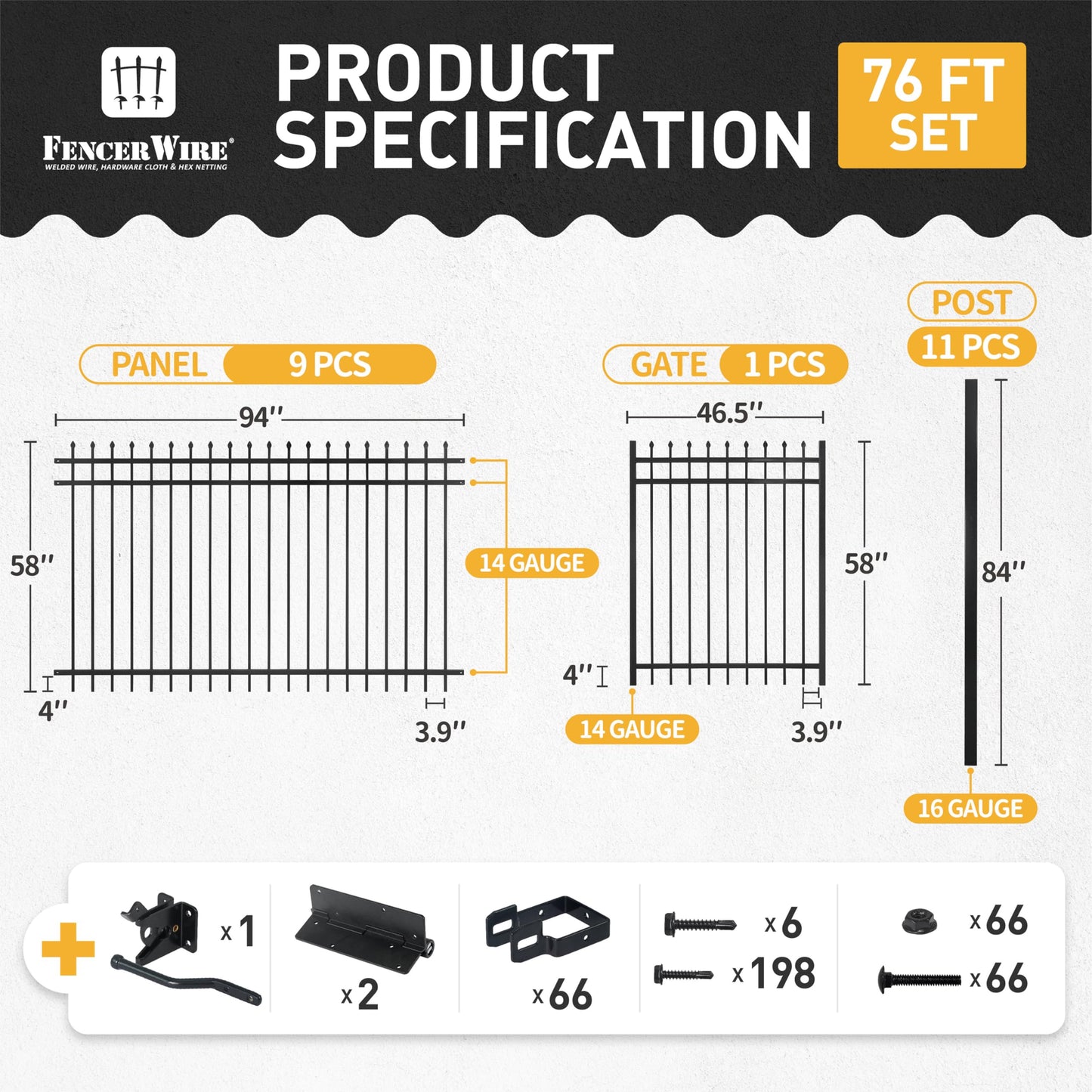 Fencer Wire 76FT Heavy Duty Pinnacle Fence Barrier Kit, Anti-Rust Metal Steel Fence with 5FT Height X 8FT Width Panels, Gate, Posts, Connectors, Outdoor Fencing for Yard, Pool, Patio