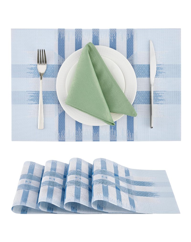 Leetaltree Geometric Print Blue Placemats Set of 4 - Heat Resistant Non-Slip Place mats for Dining Table, Washable Durable PVC Vinyl Woven Table Mats (Geometric Blue, 4)