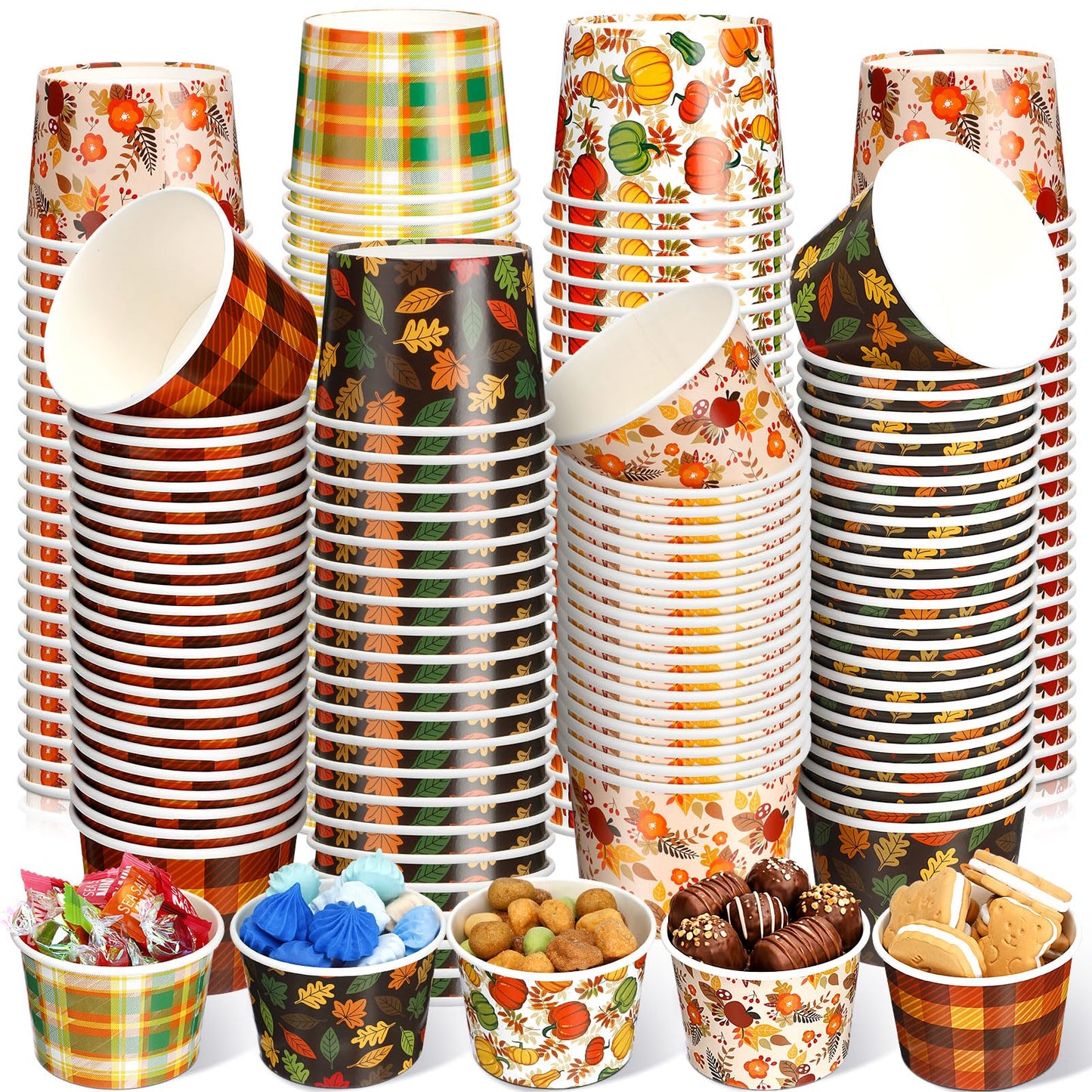 Uiifan 50 Pcs Fall Snack Cups 8 oz Disposable Pumpkin Bowls Maple Leave Plaid Thanksgiving Cups Disposable Dessert Fall Party Bowls for Ice Cream Soup Hot Cold Food Party Supplies 5 Styles