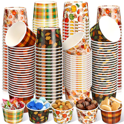 Uiifan 50 Pcs Fall Snack Cups 8 oz Disposable Pumpkin Bowls Maple Leave Plaid Thanksgiving Cups Disposable Dessert Fall Party Bowls for Ice Cream Soup Hot Cold Food Party Supplies 5 Styles