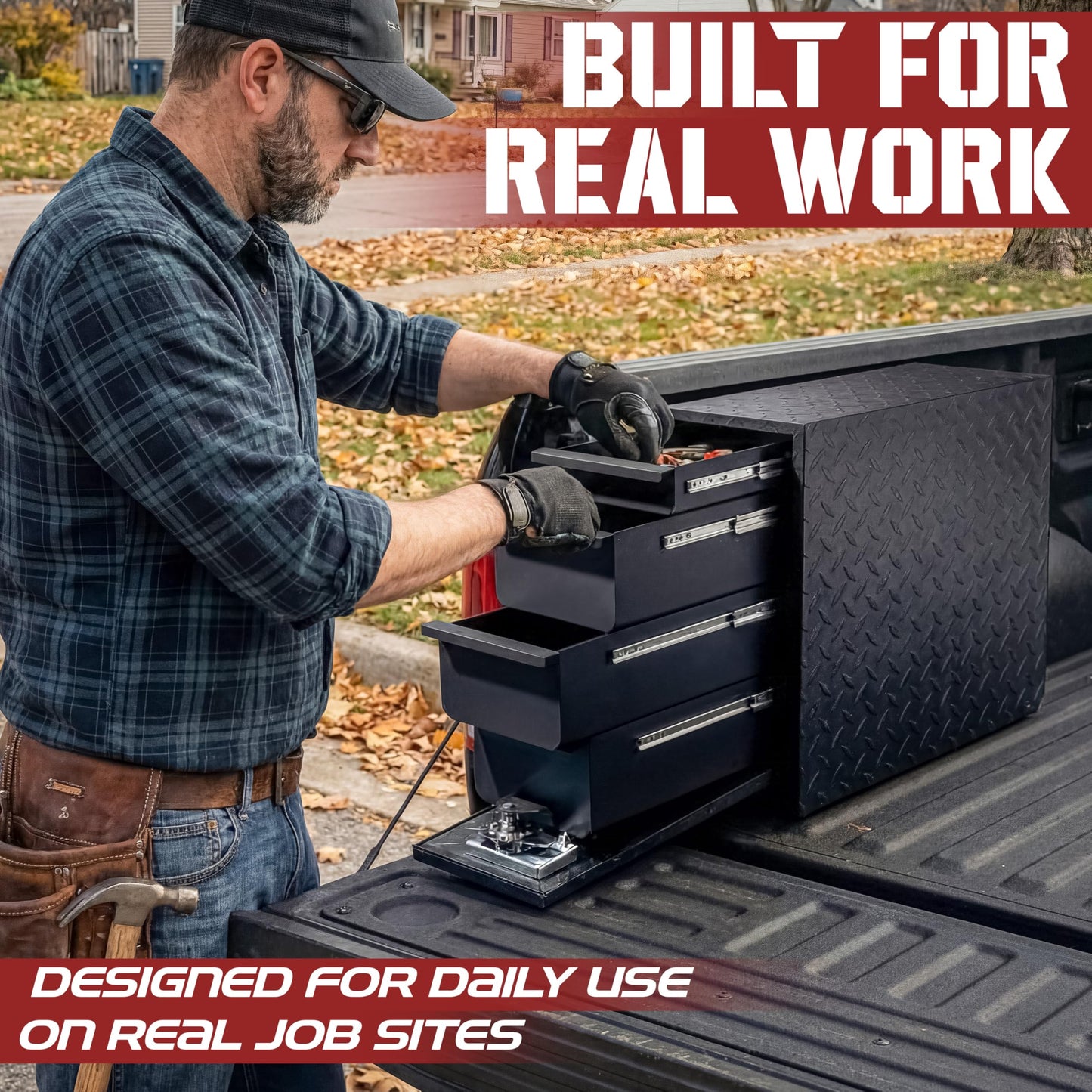 OLY-PRO Truck Bed Tool Box with 5-Drawer Slides | Lockable Heavy-Duty Tool Chest Storage for Pickup, Jobsite & Side Trucks | 8-Inch Toolbox with Key (Black Aluminum - T Handle)