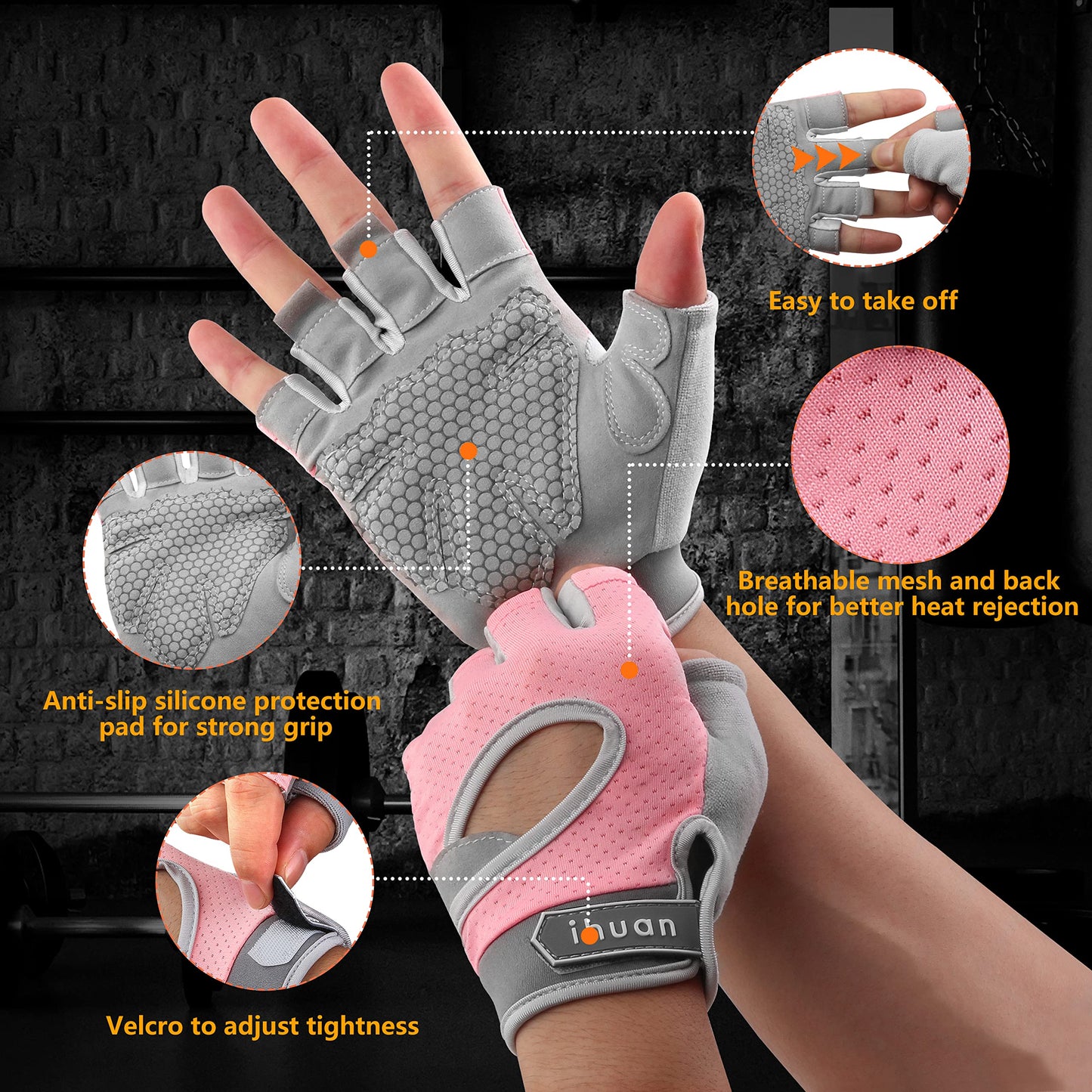 ihuan New Breathable Workout Gloves for Women & Men - No More Sweaty & Full Palm Protection Gym Exercise, Cycling， Fitness, Weightlifting, Pull-ups, Deadlifting, Rowing