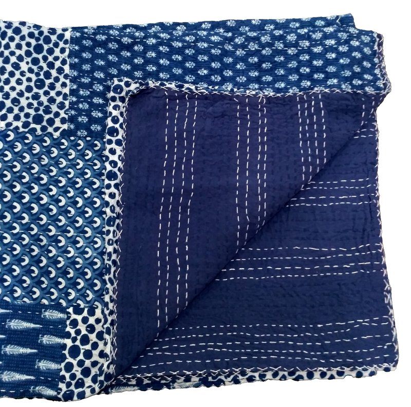 Trade Star Reversible Kantha Quilt Ethnic Cotton Queen Size Ajarak Bedspread Throw for Home Decor (Pattern 11)