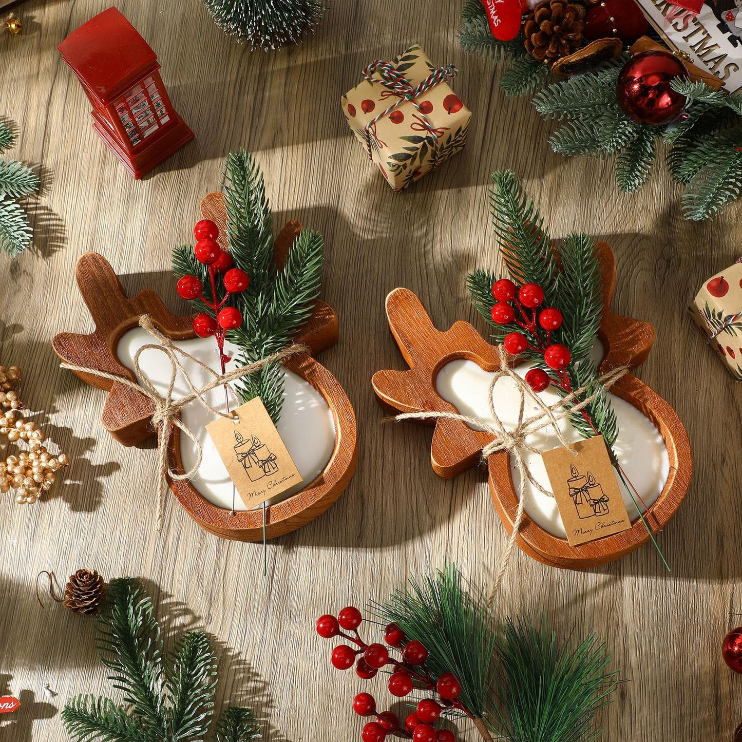 MTLEE 2 Pack Christmas Wood Dough Bowl Candle Deer Wooden Candle Bowl 3 Wick Xmas Farmhouse Decoration with Berries Pine Label for Christmas Table Centerpiece Birthday Gift Home Party Decor