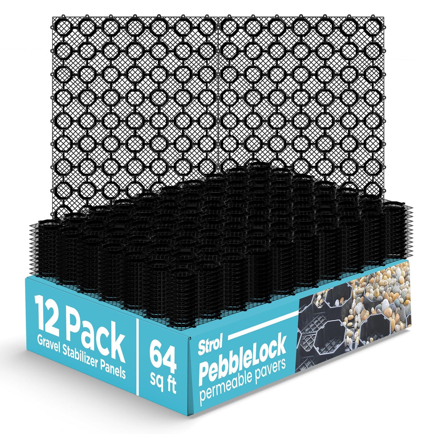 Strol PebbleLock Interlocking Permeable Paver Grid - Heavy-Duty Plastic Gravel Stabilizer Panels for Driveways, Parking Pads, Outdoor Flooring, Landscape Edging, Mud Control - 12-Pack (64 sq ft)