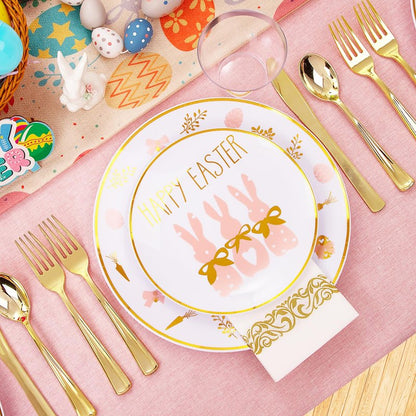 Morejoy 175pcs Easter Plastic Plates,Bunny Plates,Easter White & Pink Plates Disposable include 25Dinner Plates,25 Salad Plates,25 Cups,25 Forks,25 Knives,25 Spoons,25 Napkins Perfect for Party