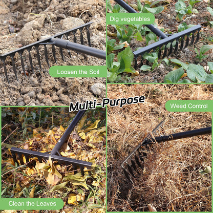 Bow Rake, 78" Heavy Duty Garden Tools Lawn Leveling Rake with Long Handle, 12 Tines Garden Tools Metal Head for Loosening Soil, Cleaning the Leaves and Weeding Control, Leaf, Thatch, Landscape Tools
