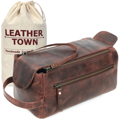 Leather Toiletry Bag for Men, Travel Duffels Essentials Shaving Dopp Kit, Mens Travel Bag Toiletries Organizer Case for Grooming, Made from 100% Real Leather (Dark Brown)