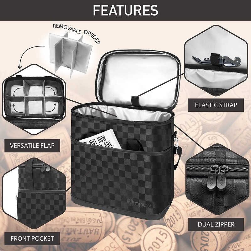 opux 6 Bottle Carrier Tote | Insulated Padded Wine Cooler Bag for Travel. Picnic, BYOB | Portable Leakproof Wine Tote Bag for Dinner, Party, Christmas, Wine Gift for Women, Men (Black Square)
