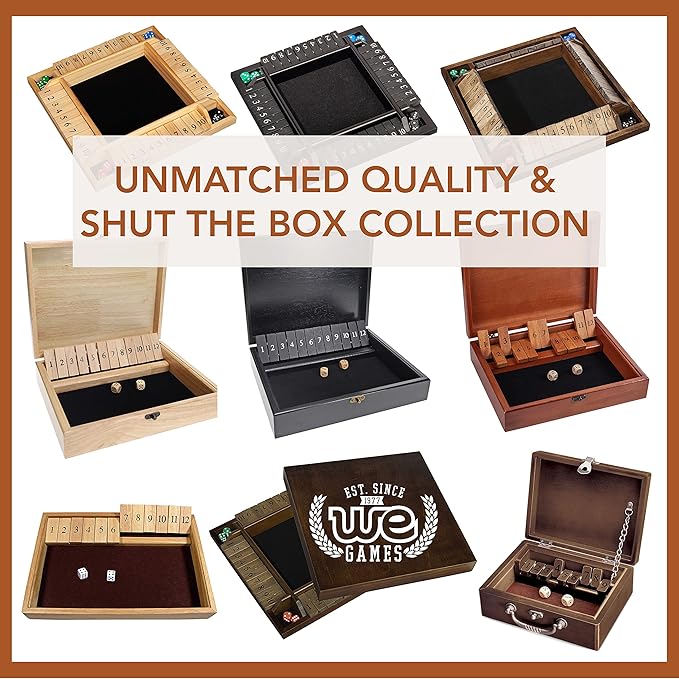 WE Games Shut The Box Board Game - Classic 4 Player Wooden Table Top Dice Game for Family Game Night Walnut Stained Wood 14 in. 10 Numbers Classroom Play or Bar Fun for Adults