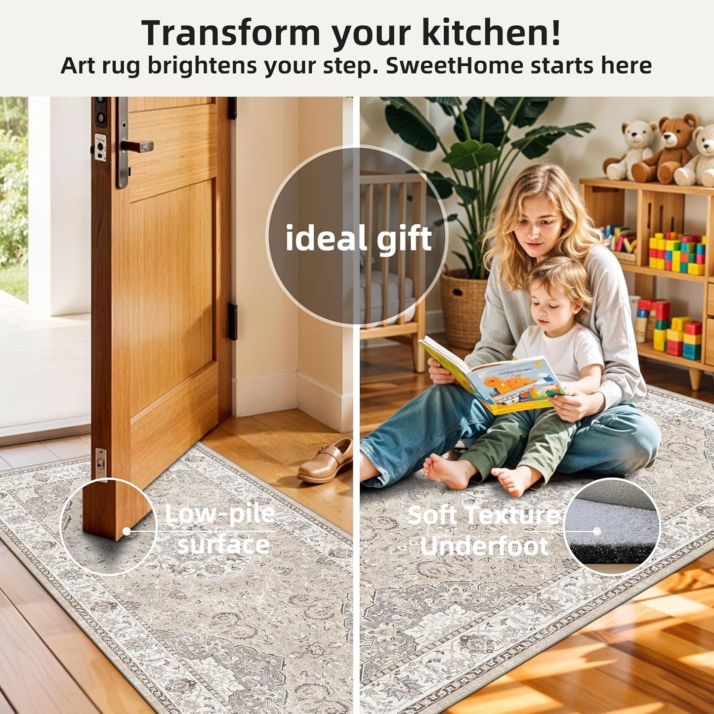 Skiennix Kitchen Rug Set - Washable Water-Resistant Soft Mats with Non-Slip Backing | Beige, 4 Pieces (2x3, 2x4, 2x5, 2x6)