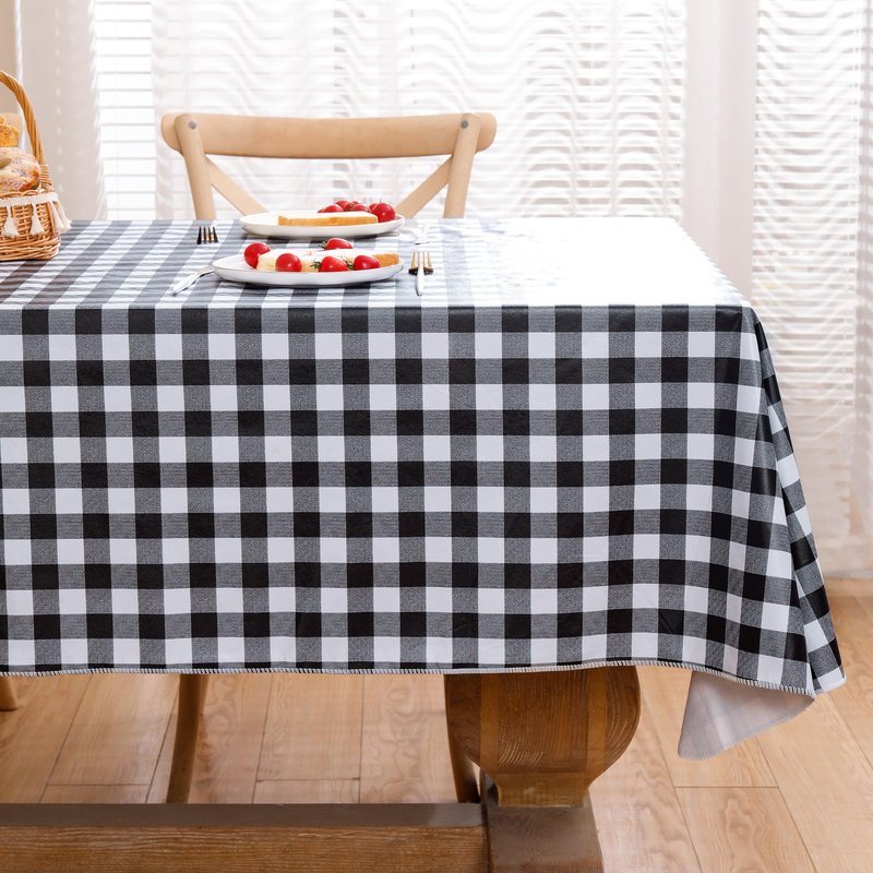Heavy Duty Vinyl Tablecloth with Flannel Backing Waterproof Oil-Proof Plastic Table Cloth Stain-Resistant Wipeable Rectangle or Square Table Cover for Indoor and Outdoor (Black Checkered, 60x84 Inch)
