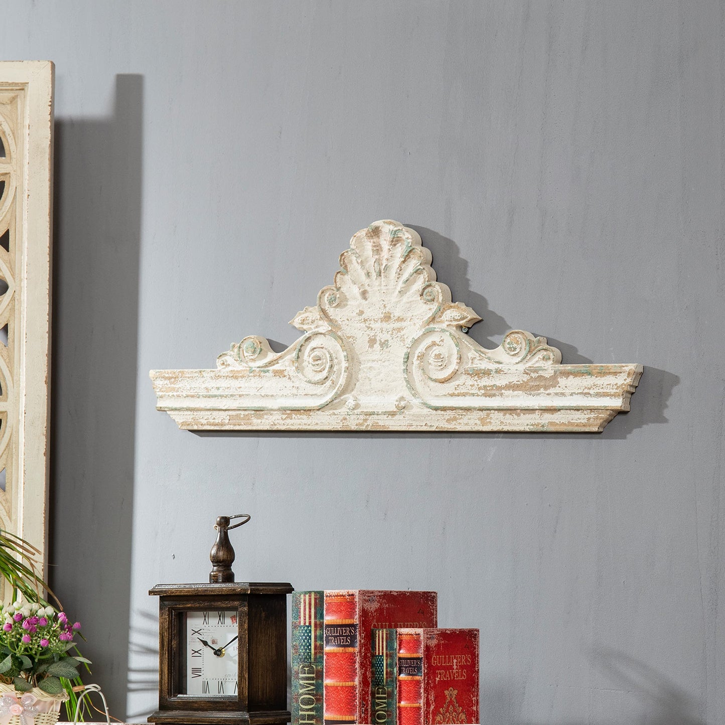 SOFE 33" Distressed White Finish Wooden Scroll Over The Door Decor, Large Decorative Wall Sculpture, Carved Wood Wall Art Hanging Window, Unique Wall Decor for Farmhouse Living Room Kitchen
