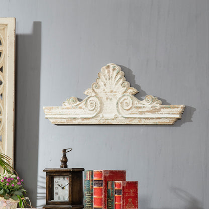 SOFE 33" Distressed White Finish Wooden Scroll Over The Door Decor, Large Decorative Wall Sculpture, Carved Wood Wall Art Hanging Window, Unique Wall Decor for Farmhouse Living Room Kitchen
