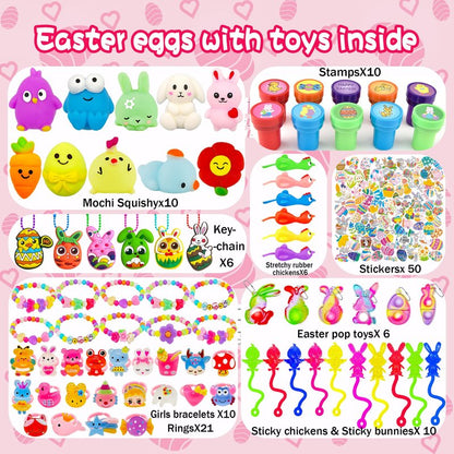 Beser 318 pcs filled Easter Eggs with Toys Easter Egg Fillers 100 pack Easter egg wtih 218 Toys inside Small Toys for Easter Eggs Filled Easter Basket Stuffers Favors for Kids Toddlers Boys Girls