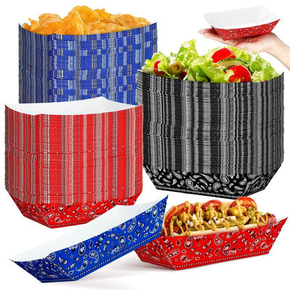 Gejoy 120 Pcs Western Party Plates 1 lb Cowboy Plates Bulk Bandana Paper Food Trays for Rodeo Cholo Party 250th Anniversary Decorations(Red Blue Black)