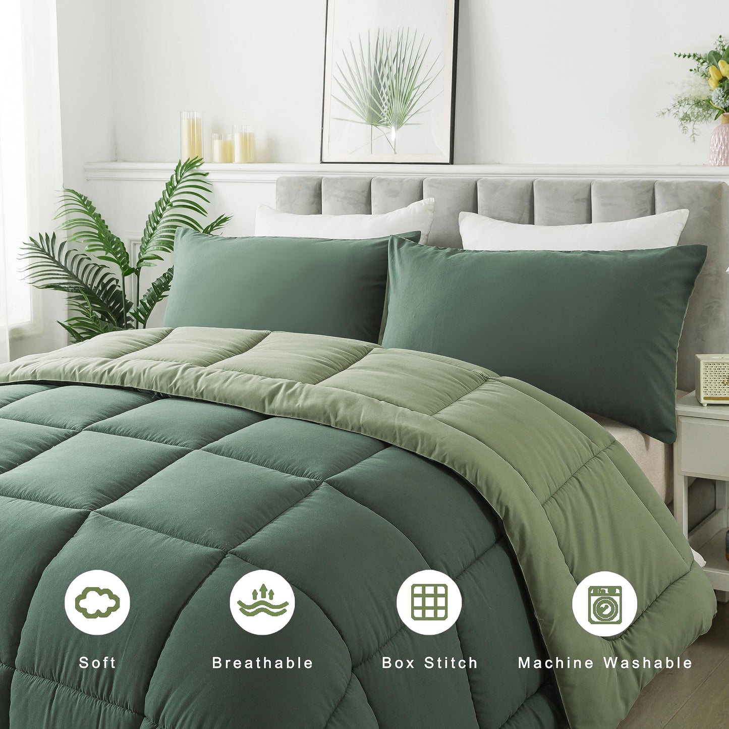 DOWNCOOL Twin Comforter Set -All Season Bedding Comforters Sets with 1 Pillow Case -2 Pieces Bed Set Down Alternative Comforter Set -Double Green Twin Bedding Sets(64"x88")