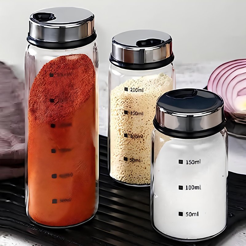 2 Piece 4-Neck Glass Seasoning Shakers with Adjustable Pour Holes - Moisture Resistant, Salt and Pepper Shakers - For Seasoning, Picnics (2 medium jars, 7oz each)