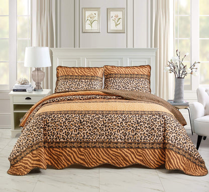 Masterplay 3-Piece Fine Animal Print Oversize (118" X 95") Quilt Set, Bedspread Coverlet (Caifornia) Cal King Size Bed Cover (Leopard Tiger Brown Black Stripe)