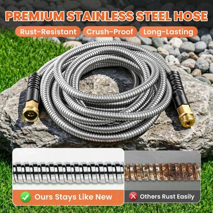 Cesun 100 ft Metal Garden Hose, Stainless Steel Heavy Duty Water Hose With 10 Function Nozzle, No Kink & Flexible, Lightweight and Durable, Rust Proof for Yard, RV, Pet Bath, Outdoor, 100 foot x 5/8"