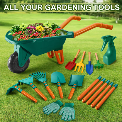 HOSPONY Kids Gardening Set-Kids Gardening Tools Wheelbarrow Set with Shovel, Leaf Rake, Gloves, Spray Bottle-Toddler Gardening Set Play Outdoor Educational STEM Learning for Boys Girls Age 3+