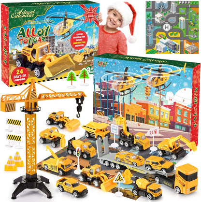 Advent Calendar - Alloy Construction Engineering Vehicle Toy Set with 2 Mats | Christmas Gifts for Boys Ages 3-8 (Yellow)