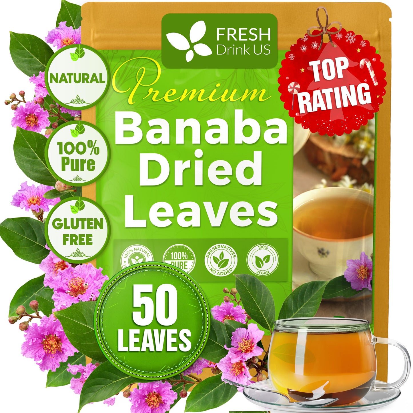 FreshDrinkUS, Premium 50+ Banaba Dried Leaves, 100% Natural & Pure from Whole Banaba Leaves, Banaba Leaf Tea, No Additives, No Caffeine, Vegan