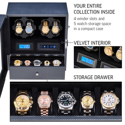 4 Watch Winder with 5 Watch Storage Space, LCD Display, Touch Control and Interior Light (Black + Black)