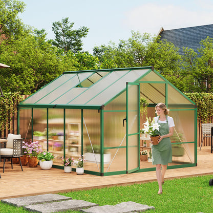 8x10 FT Greenhouse for Outdoors, Polycarbonate Greenhouse with Roof Vent, Ground Nails, Lockable Push Door, Aluminum Large Walk-in Green House for Outside Garden Backyard, Patio, Lawn, Green