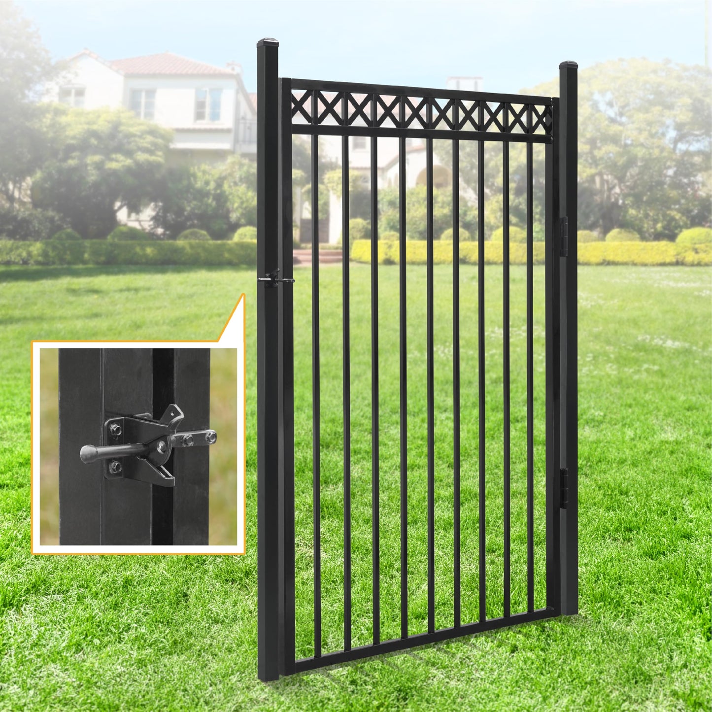 Fencer Wire 100FT Heavy Duty Flat Top Fence Barrier Kit, Anti-Rust Metal Steel Fence with 6FT Height X 6FT Width Panels, with Decorative Gate, Posts, Connectors, Outdoor Fencing for Yard