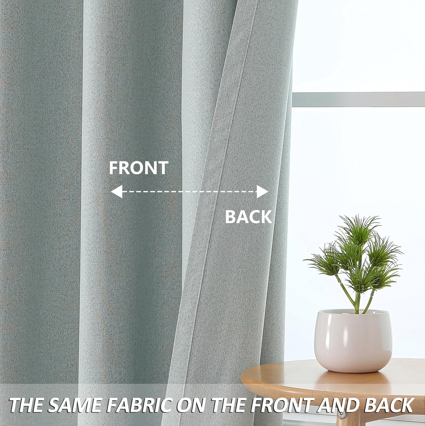 THOOO 100% Blackout Curtains - Natural Linen Textured Thermal Insulated Grommet Panels | 95 Inches, Sage Green