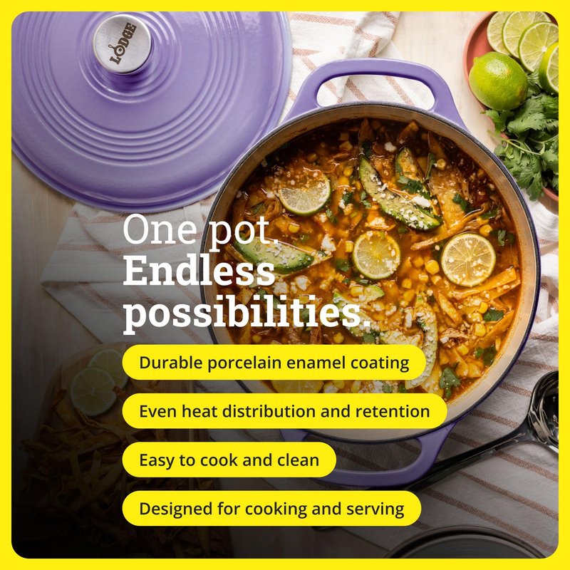 Lodge Essential Enamel Cast Iron Dutch Oven 6 Quarts - Perfect for Bread Baking, Braising, Marinating & Slow Cooking, Features Moisture-Sealing Lid & Dual Handles, Kitchen Essentials, Lilac