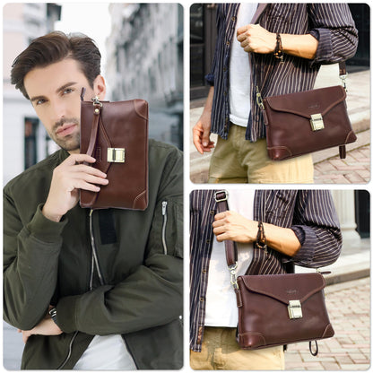 Top Grain Genuine Leather Clutch Wallet for Man & Woman, Handmade Retro Design, Combination Lock & Adjustable Shoulder Strap & Wristlet, Portable Handbag for Cards/Checks/Phone/Banknote, Dark Coffee