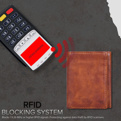 Tri fold Leather Wallet for Men with RFID | Slim Wallets for Men with 1 ID and 6 Credit card slots | Front Pocket Minimalist (Wash Tan)