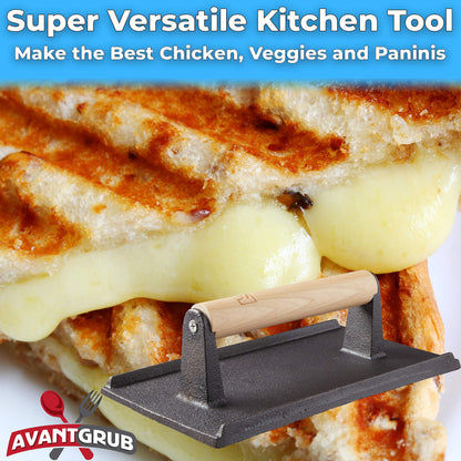 Pro Grade, Pre Seasoned Cast Iron Grill Weight 3Pk. Heavy Duty Steak and Burger Press with Wooden Handle for Grills, Griddles and Flattops. Perfect Gadget for Bacon, Paninis, Sandwiches and Vegetables
