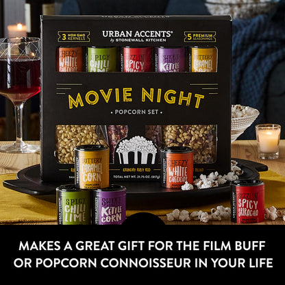 Urban Accents MOVIE NIGHT Popcorn Kernels and Popcorn Seasoning Variety Pack (set of 8) - 3 Non-GMO Popcorn Kernel Packs and 5 Gourmet Popcorn Snack Seasoning