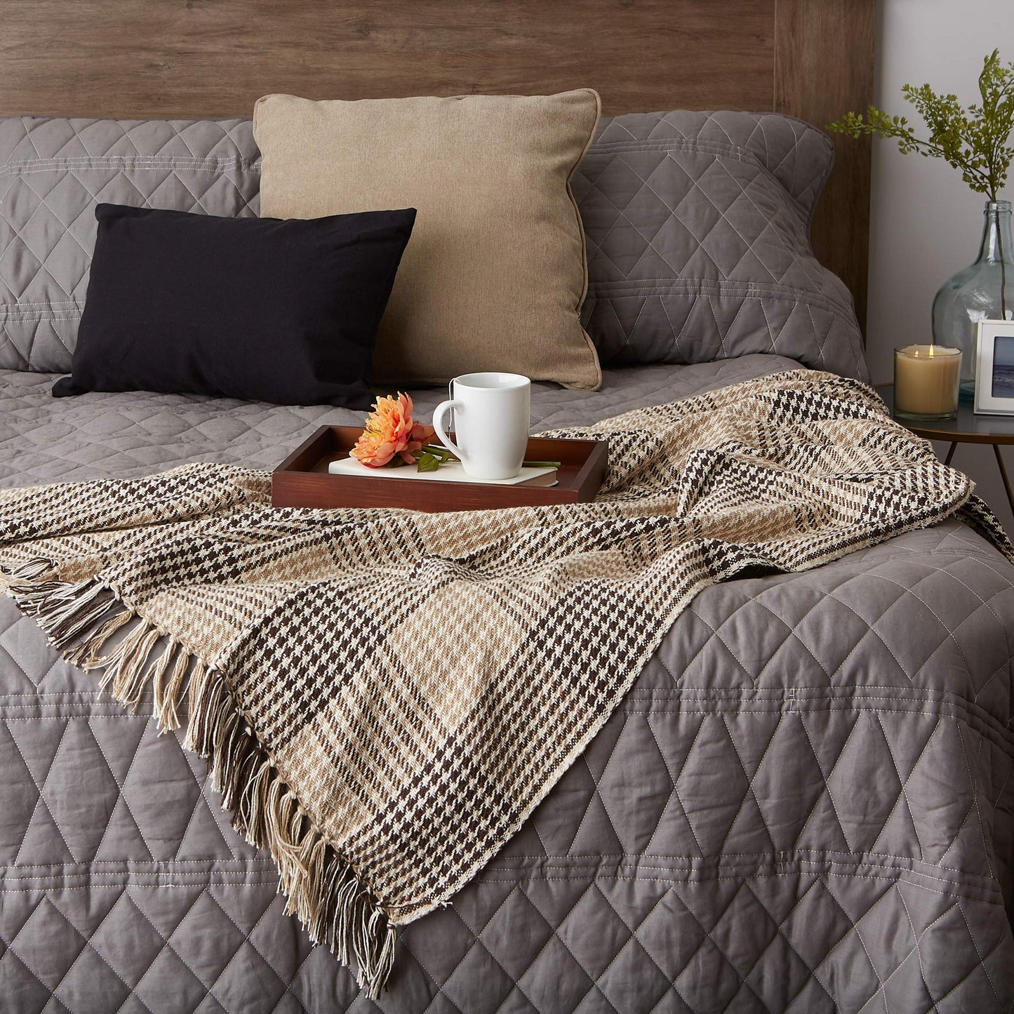 DII California Casual Houndstooth Woven Throw, Dark Brown & Stone, 50x60