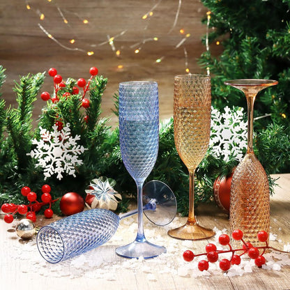 12 Pack Plastic Champagne Flutes Vintage Light Blue Goblet Champagne Glasses Unbreakable Wedding Toasting Glasses Diamond Wine Glasses Crystal Wine Cups Clear Drinking Glasses 5.5 OZ for Bridal Shower