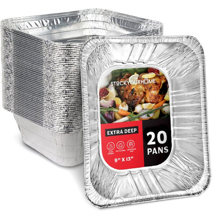 Stock Your Home (20 Pack) Deep Aluminum Pans 9x13, Heavy Duty 4” Deep Foil Pans Disposable Catering Trays, Baking Tins, Large Food Containers for Cooking, Heating, Storage, Serving, Holiday Meal Prep