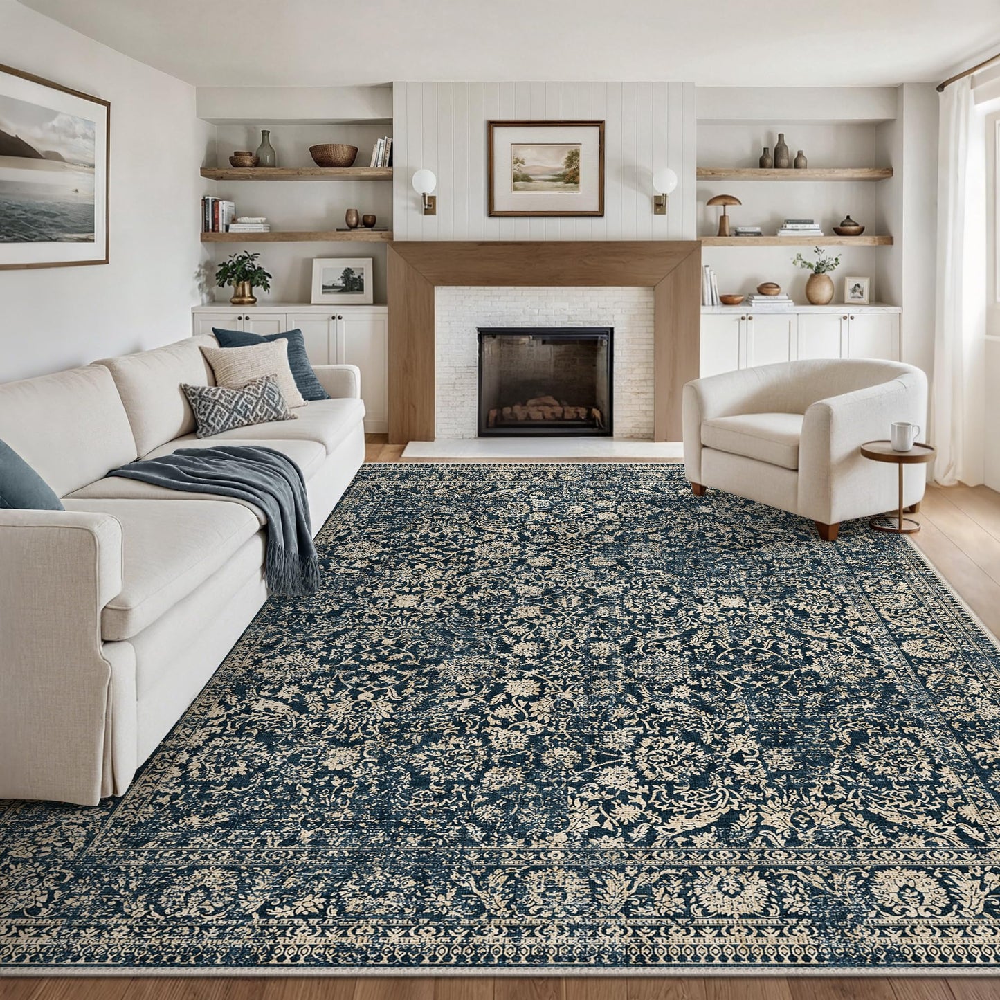 Bavni 8x10 Area Rugs for Living Room, Machine Washable Rug Lightweight Low Pile, Non Slip Boho Rugs with Rubber Backing, Floral Print Carpet for Bedroom Dinning Room, Tulip Blue
