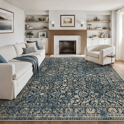 Bavni 8x10 Area Rugs for Living Room, Machine Washable Rug Lightweight Low Pile, Non Slip Boho Rugs with Rubber Backing, Floral Print Carpet for Bedroom Dinning Room, Tulip Blue