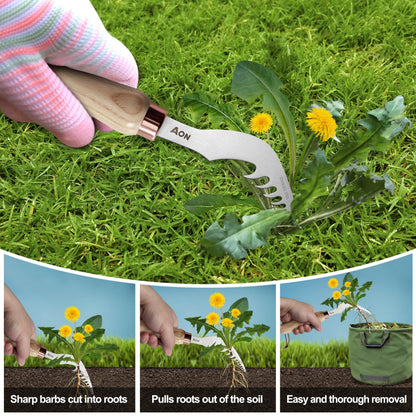 AON 2-Pack Hand Crack Weeder Puller Tool Set - Made with Heat Treated Steel and Ash Wood Ergonomic Handles, Weeding Tools Ideal for Gardens and Patio Lawns to Effectively Pull Out Weeds & Their Roots