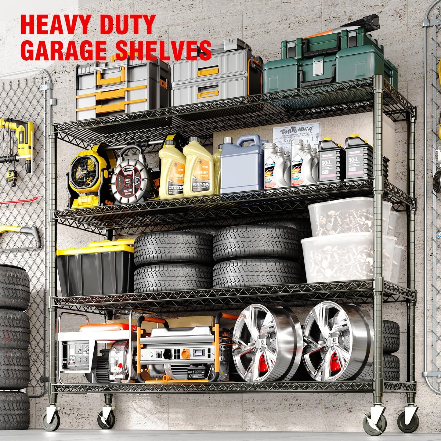 59"W Storage Shelves 2640LBS Heavy Duty Garage Shelving Units with Wheels, 4-Tiers Wire Shelving Rack Metal Storage Shelves with Adjustable Shelf, for Garage Pantry Kitchen Commercial Industrial