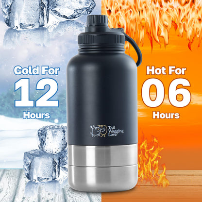 Tail Wagging Love 32oz 3-in-1 Portable Travel Water Bottle, Food & Hydration Bottle - Dual Use for Humans & Pets with Detachable Bowls, Stainless Steel, Keeps Water Hot for 6hrs & Cold for 12hrs