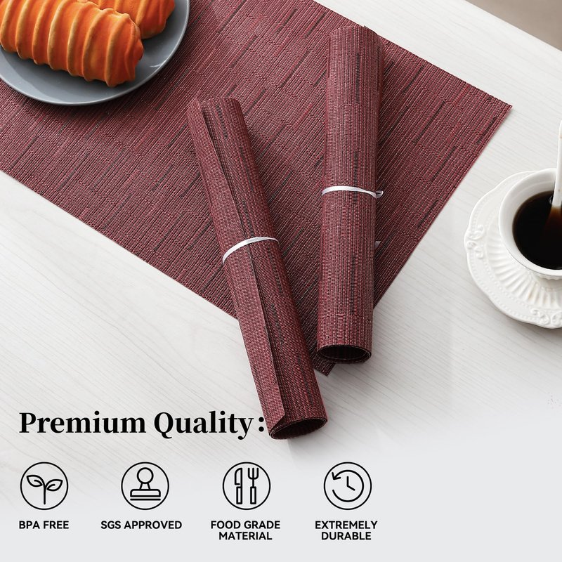 Leetaltree Burgundy Placemats Set of 6 - Heat Resistant Non-Slip Place mats for Dining Table, Washable Durable PVC Vinyl Woven Table Mats（Burgundy, 6）