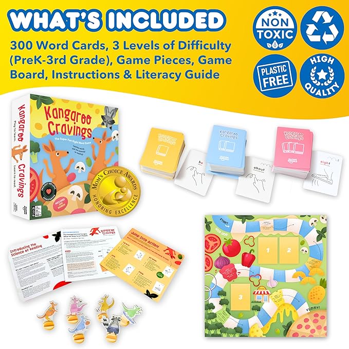 Kangaroo Cravings Learn to Read 300 High-Frequency Sight Words Board Game - Fun Learning Resource &amp Word Game for Kids Ages 4-9 - Parent &amp Teacher Must Haves for Preschool Kindergarten 1st-3