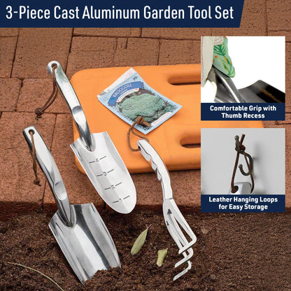 Hand Gardening Tools 3 Pack with Cultivator Hand Rake, Transplanting Shovel, and Garden Trowel for Planting - Heavy Duty Cast Aluminum Garden Tool Set with Ergonomic Handles by Kings County Tools